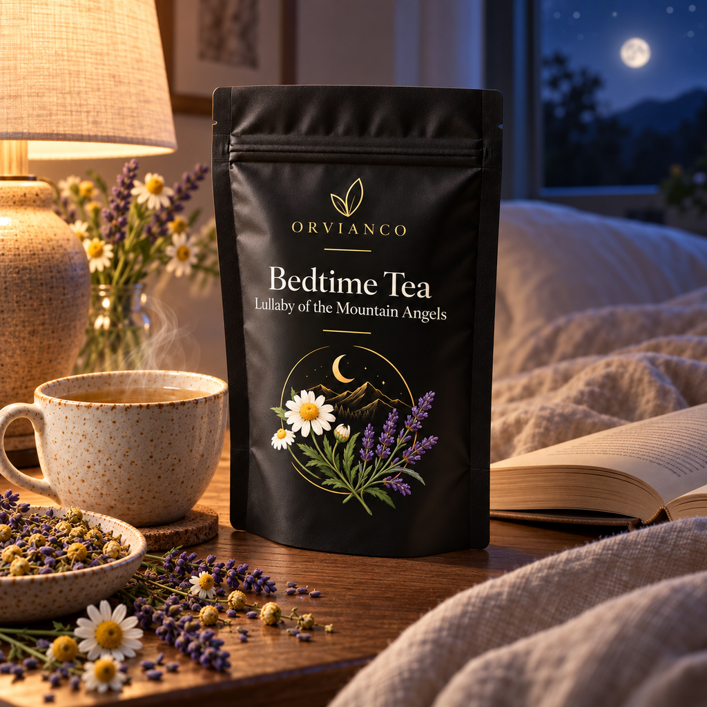 Orvianco Bedtime Tea prepared for a calming evening ritual