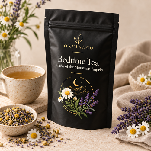 Orvianco Bedtime Tea lifestyle product photo with herbs and cup