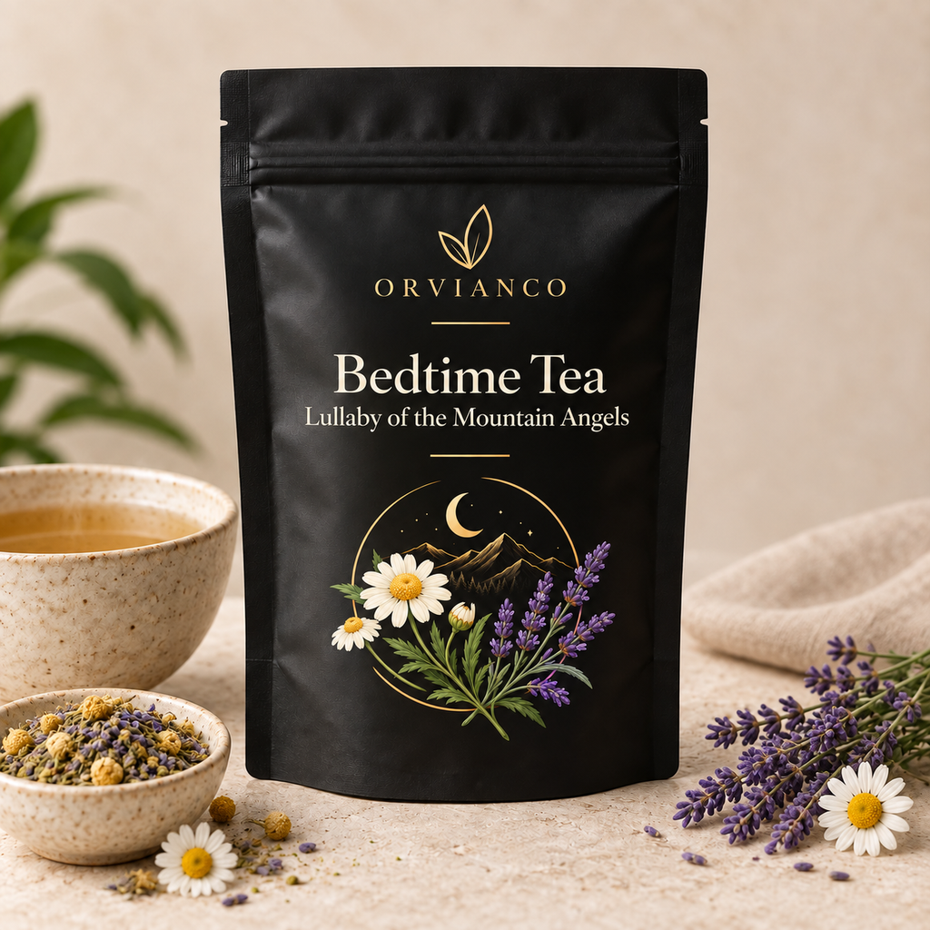 Orvianco Bedtime Tea in black pouch with calming herbal infusion
