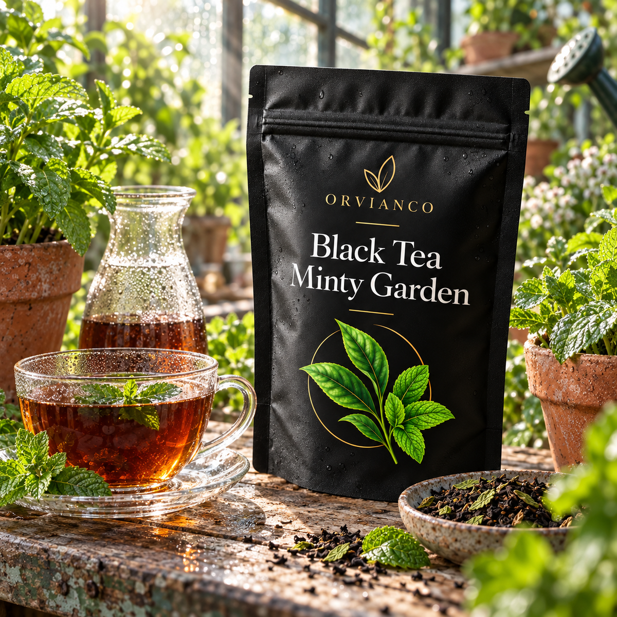 Orvianco Black Tea Minty Garden served in a bright mint garden