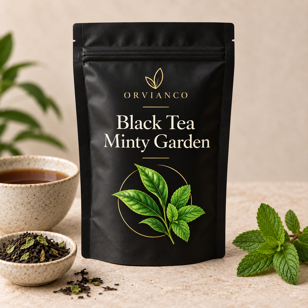 Orvianco Black Tea Minty Garden in black pouch with mint leaves