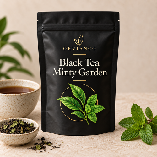 Orvianco Black Tea Minty Garden in black pouch with mint leaves