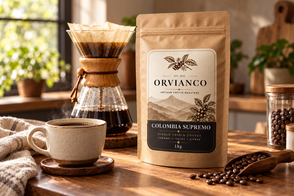 Orvianco Colombia Supremo 1 kg coffee bag beside a cup and pour-over brewer