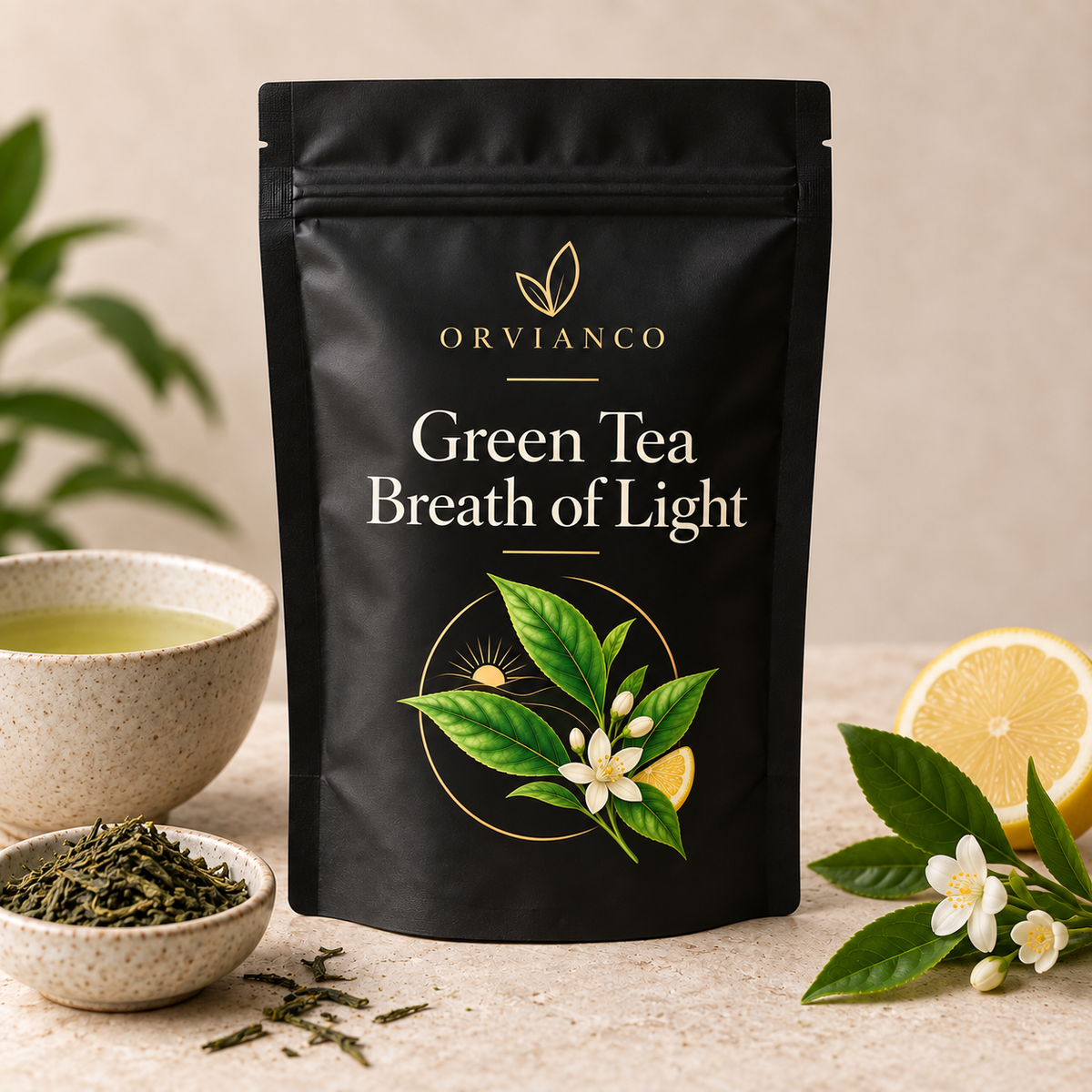 Orvianco Green Tea Breath of Light in black pouch with green tea