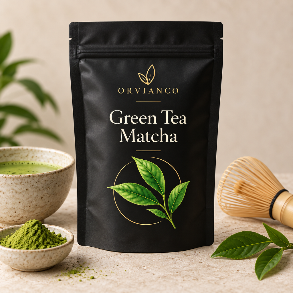Orvianco Green Tea Matcha in black pouch with matcha bowl