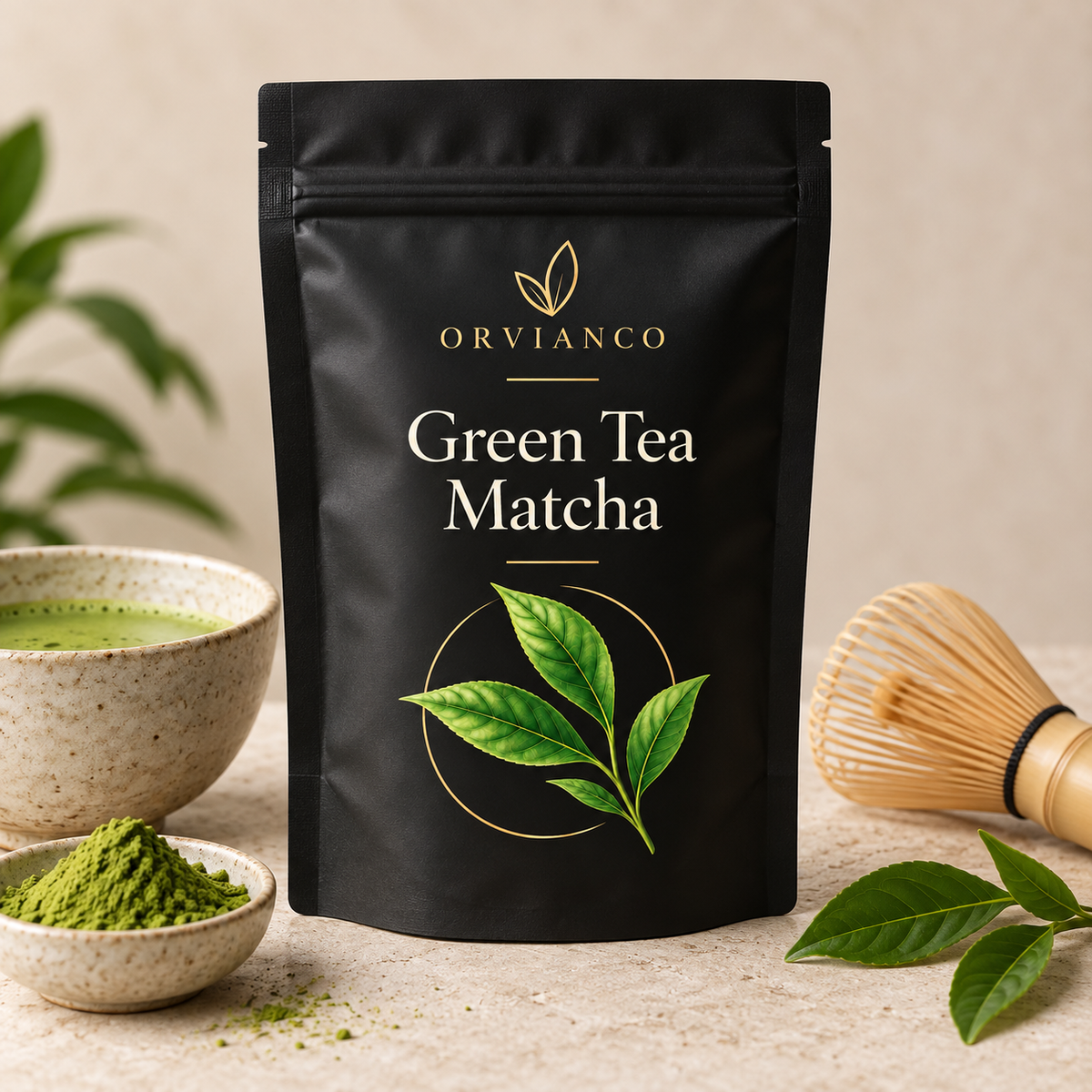 Orvianco Green Tea Matcha in black pouch with matcha bowl