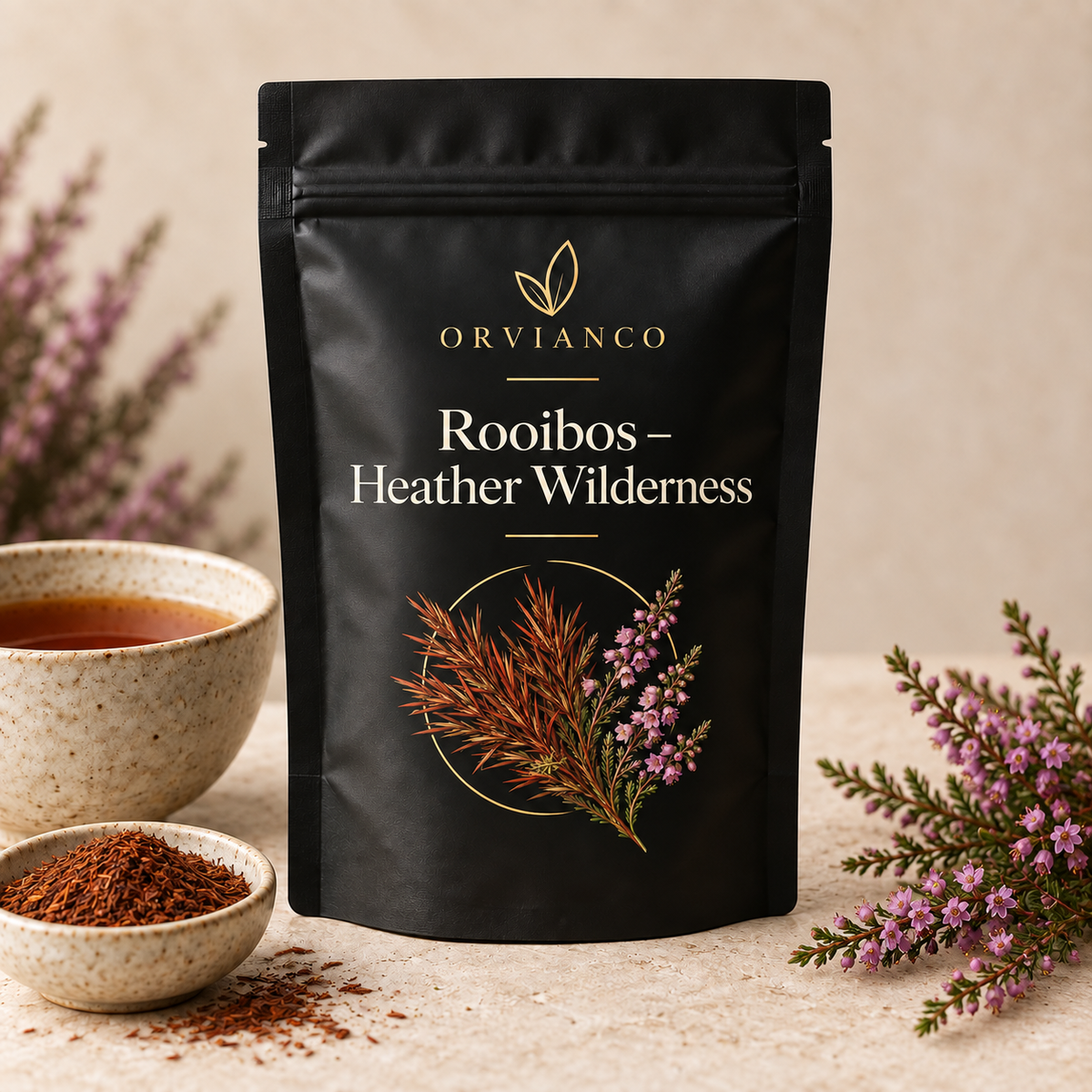 Orvianco Rooibos Heather Wilderness in black pouch with rooibos tea