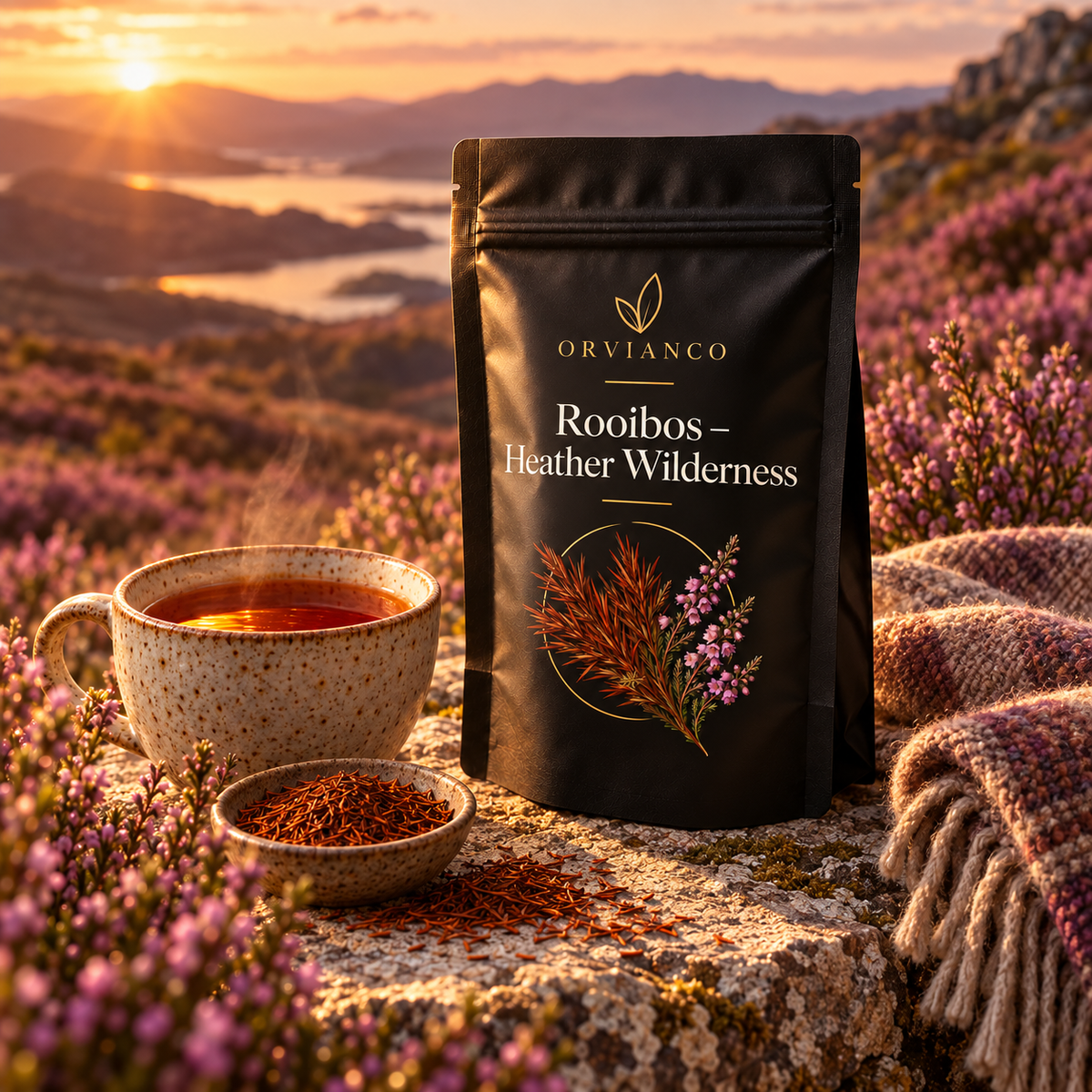 Orvianco Rooibos Heather Wilderness at sunset in a heather landscape