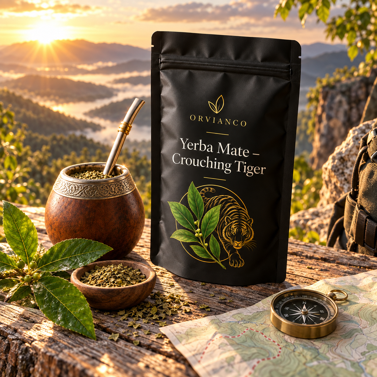 Orvianco Yerba Mate Crouching Tiger with mate gourd in an adventure landscape