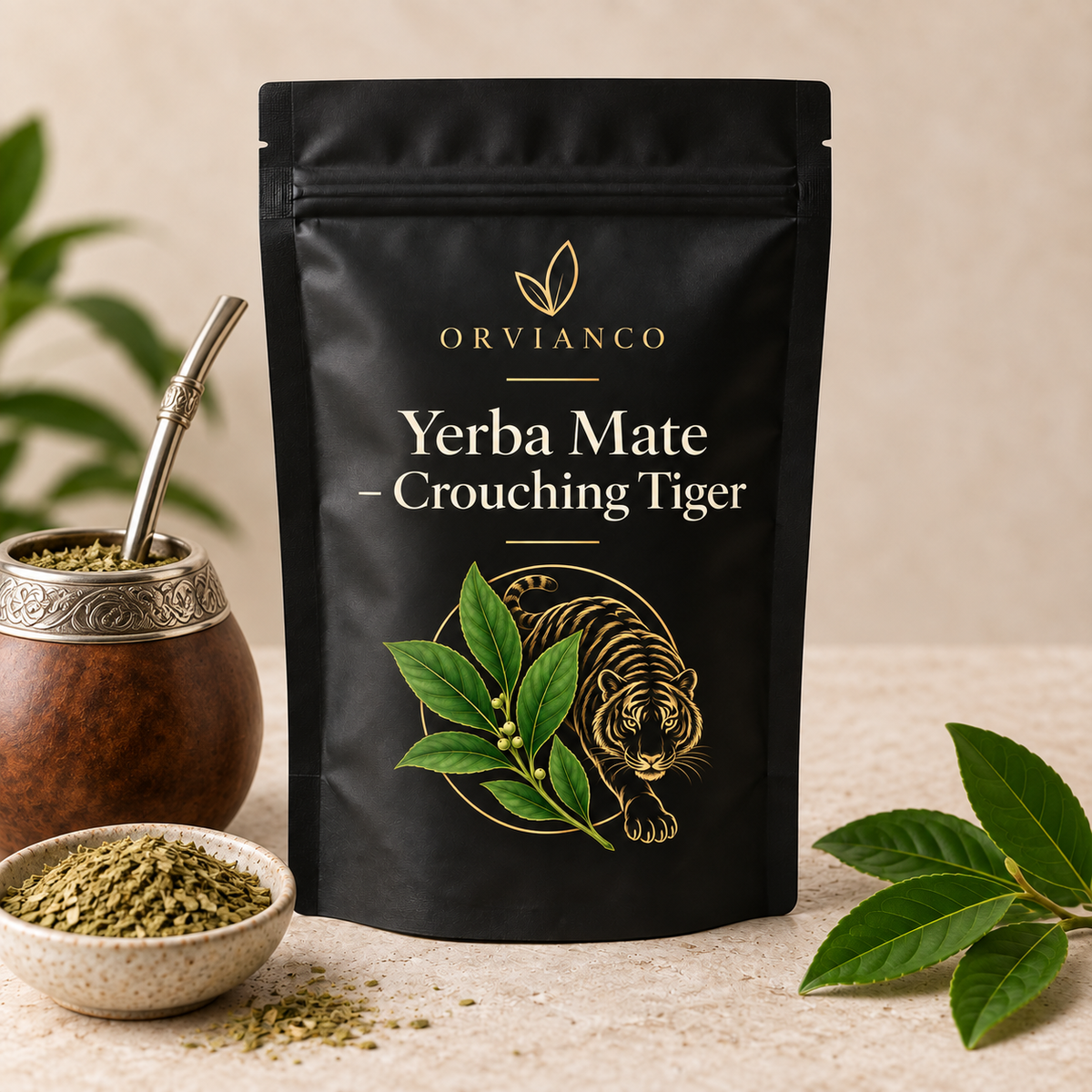 Orvianco Yerba Mate Crouching Tiger in black pouch with mate gourd